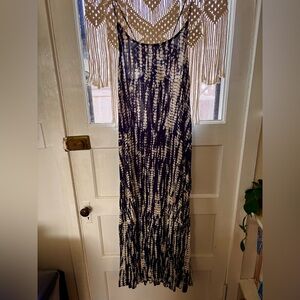 Zara Boho beaded accent Women's maxi summer Dress-size Large -Blue/White
